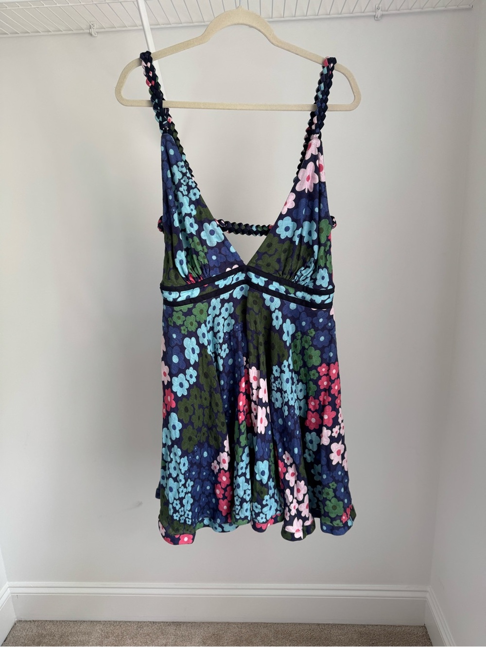 NWOT Azulu Revolve Floral V-Neck A-Line Linen Tall Mini Dress in Navy